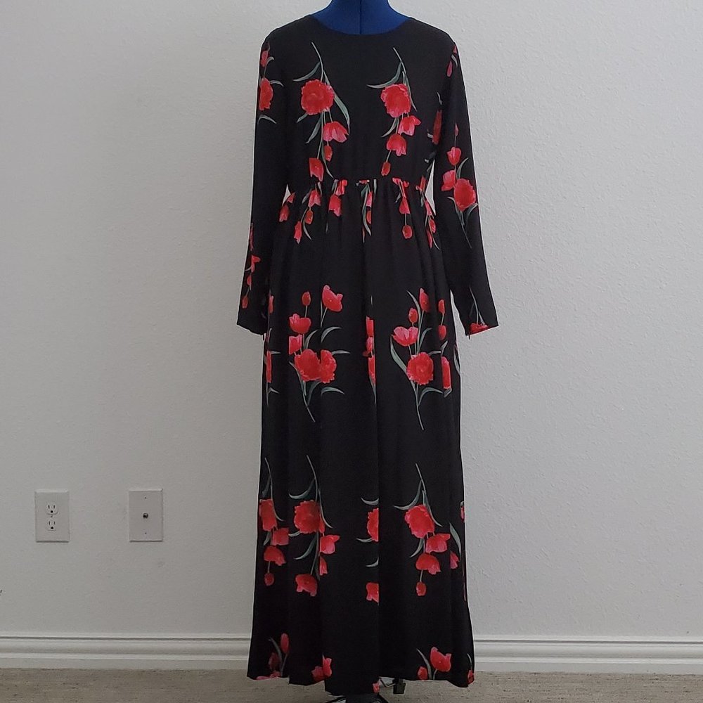 Shein Black maxi floral long sleeve lightweight dress with pockets